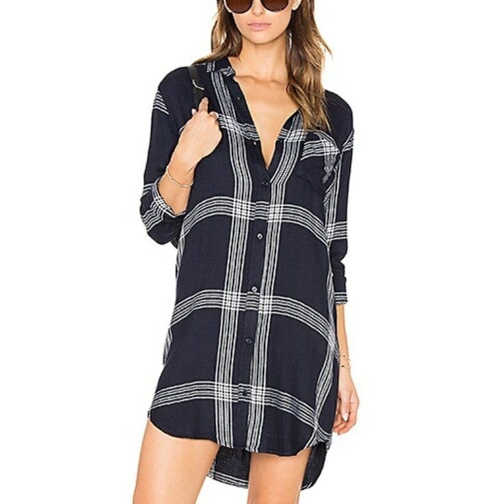 Rails Hunter Plaid Shirt Dress Navy White Rayon Long Sleeve Button Down Small